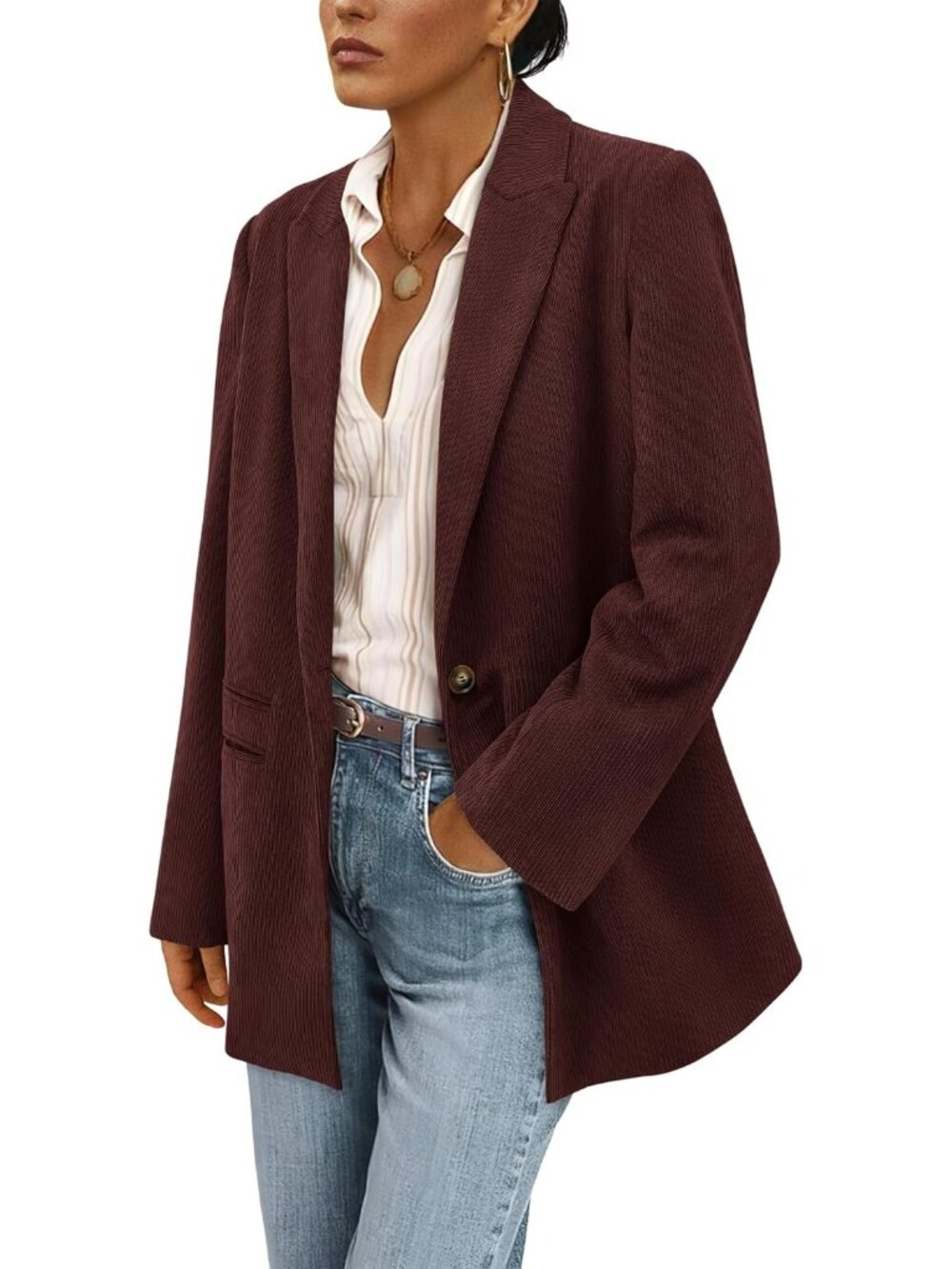 Women's Wine Red Long Sleeve Lapel Button Fall Coat Corduroy Blazer Jacket